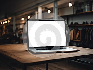 Laptop screen mockup, white isolated empty computer screen, open laptop standing on table
