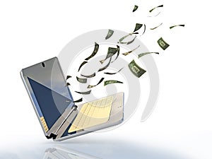 Laptop screen money dollars earn from internet - 3d rendering