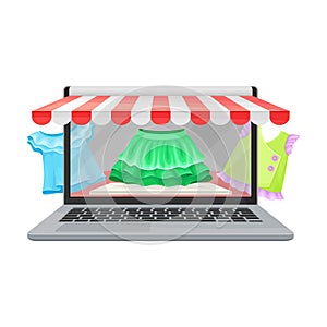 Laptop Screen with Online Shop App and Clothing Items in Shopping Cart Vector Illustration