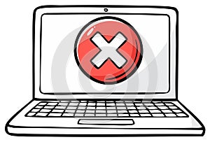 Laptop screen with red error symbol and x mark. Data error, computer problem illustration