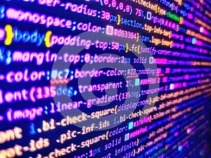 Laptop screen show abstract computer programming code script. Programming code abstract background screen of software. Writing