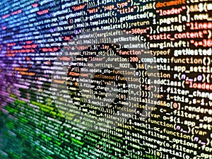 Laptop screen show abstract computer programming code script. Coding programmer abstract background. Software engineer at work.
