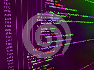 Laptop screen show abstract computer programming code script. Developer working on source codes on computer at office. Monitor