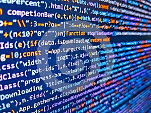 Laptop screen show abstract computer programming code script. Modern web development background. Abstract computer script source