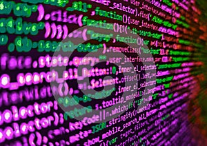 Laptop screen show abstract computer programming code script. Computer program preview. Software background technology. Software