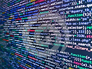 Laptop screen show abstract computer programming code script. Real Html code developing screen. Programming code abstract screen