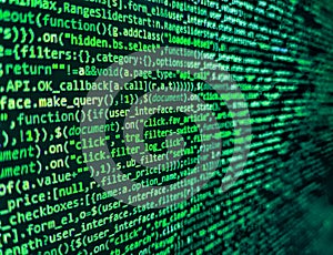 Laptop screen show abstract computer programming code script. Search engine optimization for better rankings with anchor tags for