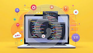A laptop screen showcases lines of code alongside various interface icons, representing the world of programming