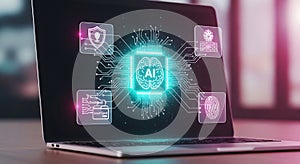 AI-Powered Laptop Displaying Artificial Intelligence and Security Features
