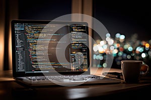 Laptop screen showing programming code at night