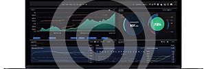 Laptop screen displaying data analytics with graphs and circular indicators