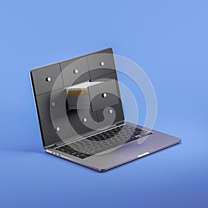 Laptop screen and stack of files, cabinet with paper documents