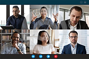 Laptop screen view six multiethnic people involved in group videocall