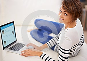 Laptop screen, woman and relax with chat app for communication, message and contact with date online. Portrait of person