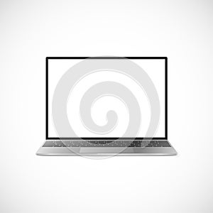 Laptop with shadow isolated on white background. Laptop design with black display and gray keyboard. Laptop front view. Vector