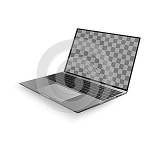 Laptop with shadow isolated on white background. Laptop design with black display and gray keyboard. Vector illustration