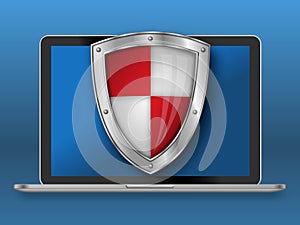 Laptop and shield with blue background