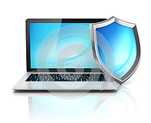 Laptop with shield - internet security, antivirus or firewall 3d concept
