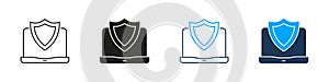 Laptop With Shield Line And Solid Icon Set. Cybersecurity, Data Protection, And Online Security Symbol Collection