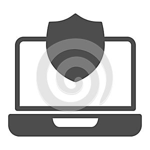 Laptop with shield solid icon, web security concept, internet security sign on white background, data protection on