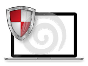 Laptop and shield with white background and empty display.