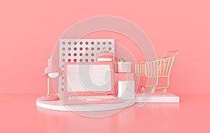 Laptop,  shopping cart, lamp, present box on podium. Online shopping, payment concept 3d render