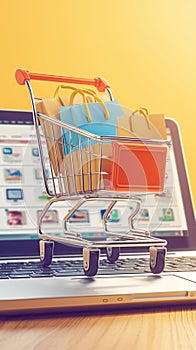 Laptop shopping miniature cart poised for online purchases