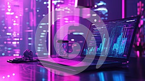 Laptop showcasing data with city lights in cyberpunk style