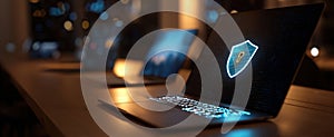 The laptop showcasing digital security features in a modern workspace environment..AI generated image