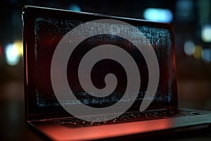 Laptop showing encrypted data on screen in dark environment