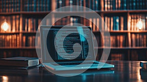 Laptop displaying code in a library setting