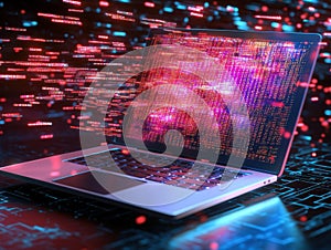 Laptop showing programming code in futuristic cyberspace tunnel