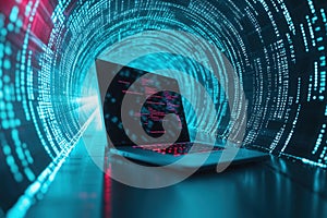 Laptop showing source code inside futuristic internet tunnel