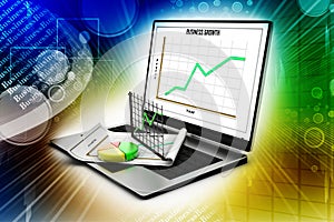 Laptop showing a spreadsheet and a paper with statistic charts