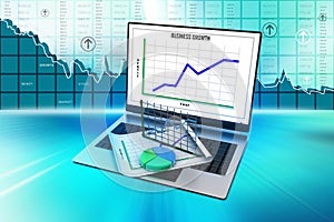 Laptop showing a spreadsheet and a paper with statistic charts