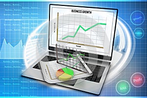 Laptop showing a spreadsheet and a paper with statistic charts