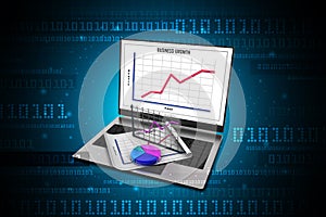 Laptop showing a spreadsheet and a paper with statistic charts