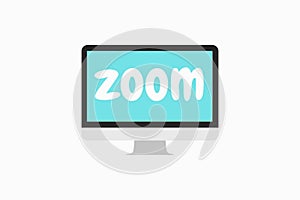 Laptop showing Zoom Cloud Meeting app logo.Work have meetings from home