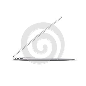 Laptop side view. Thin notebook computer isolated on white background. High detailed