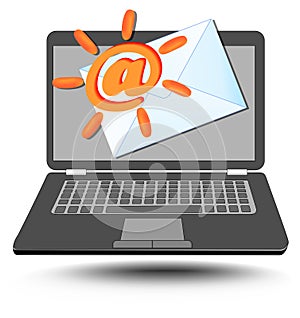 Laptop with at sign stylized as sun and mailing envelope