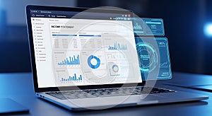 A laptop sits on a desk displaying an income statement on its screen. The interfa
