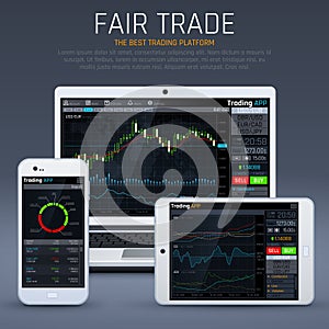 Laptop and smartphone with business market app. Financial charts and exchange currency vector concept