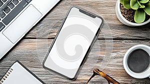 Laptop smartphone and coffee cup on a rustic wooden table in a cozy workspace setting