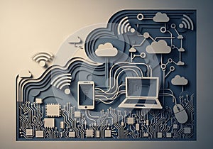 A laptop, smartphone, and computer mouse connected through complex