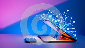 Laptop and smartphone connected by glowing digital network