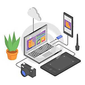 Laptop smartphone graphic tablet camera flash drive cloud flower. Composition in isometric