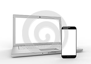 Laptop smartphone mockup on white background. 3d illustration. photo