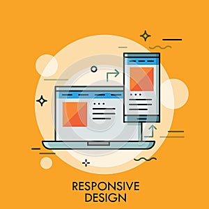 Laptop and smartphone with same application interface on screens. Concept of responsive web design, scalable page