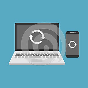 Laptop and smartphone sync or restart icon vector