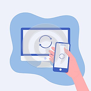 Laptop and smartphone synchronizing concept.
